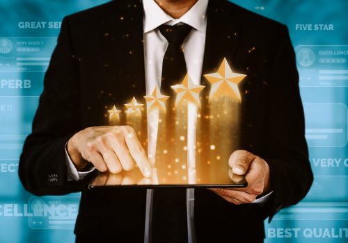 Customer review satisfaction feedback survey concept. User give rating to service experience on online application. Customer can evaluate quality of service lead to reputation ranking of business. uds